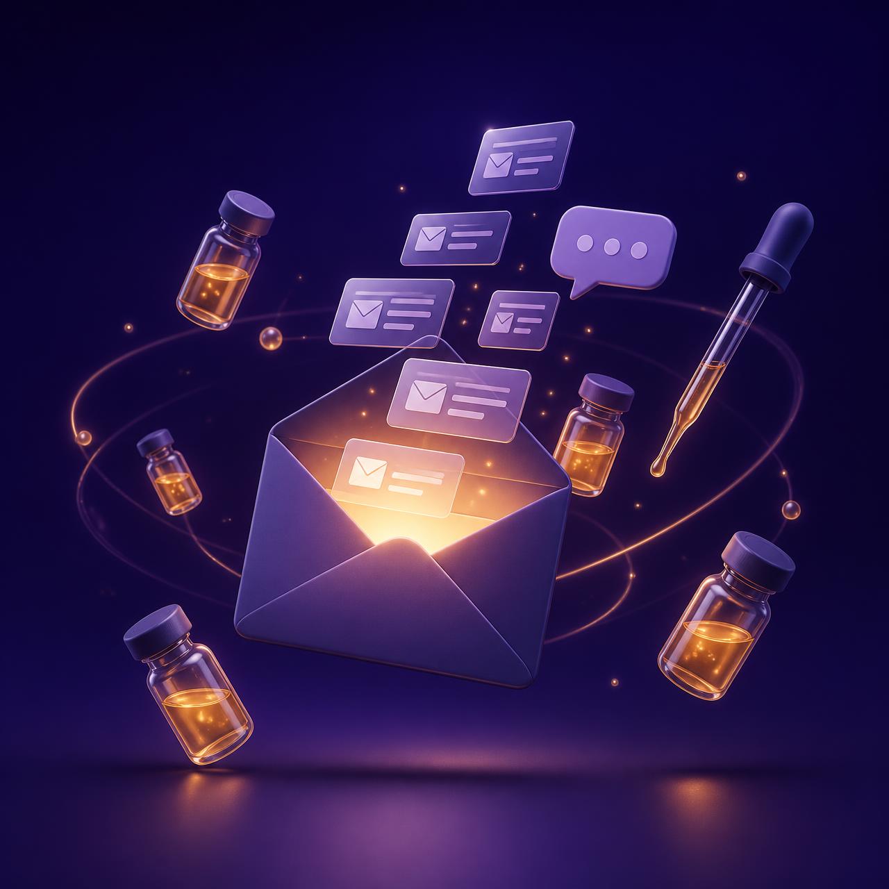 Glowing envelope unfolding into email and SMS messages orbited by research compound vials